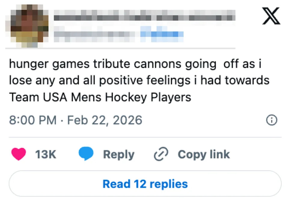 Social media post expressing frustration with Team USA Men's Hockey players, likened to Hunger Games tribute cannons