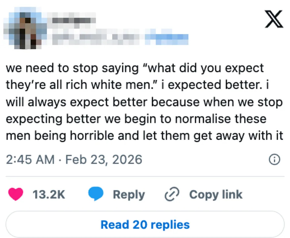 Social media post expresses frustration over the normalization of poor behavior by rich, white men. Calls for expecting better