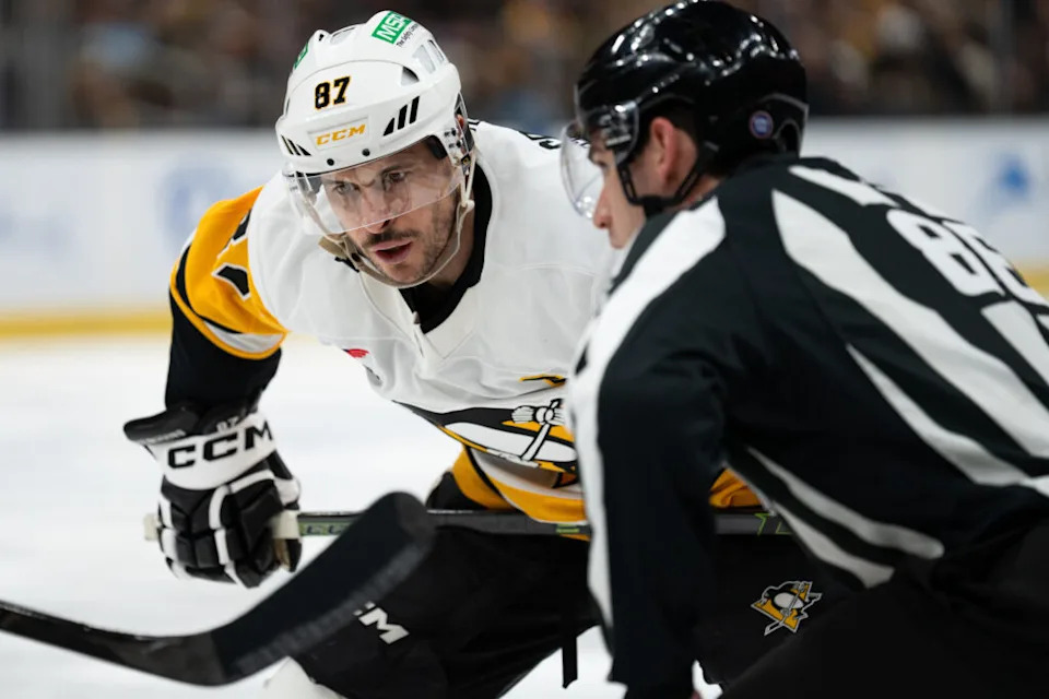 Jan 11, 2026; Boston, Massachusetts, USA; Pittsburgh Penguins center Sidney Crosby (87) prepares for a face-off during the second period of the game against the Boston Bruins at TD Garden. Mandatory Credit: Natalie Reid-Imagn Images