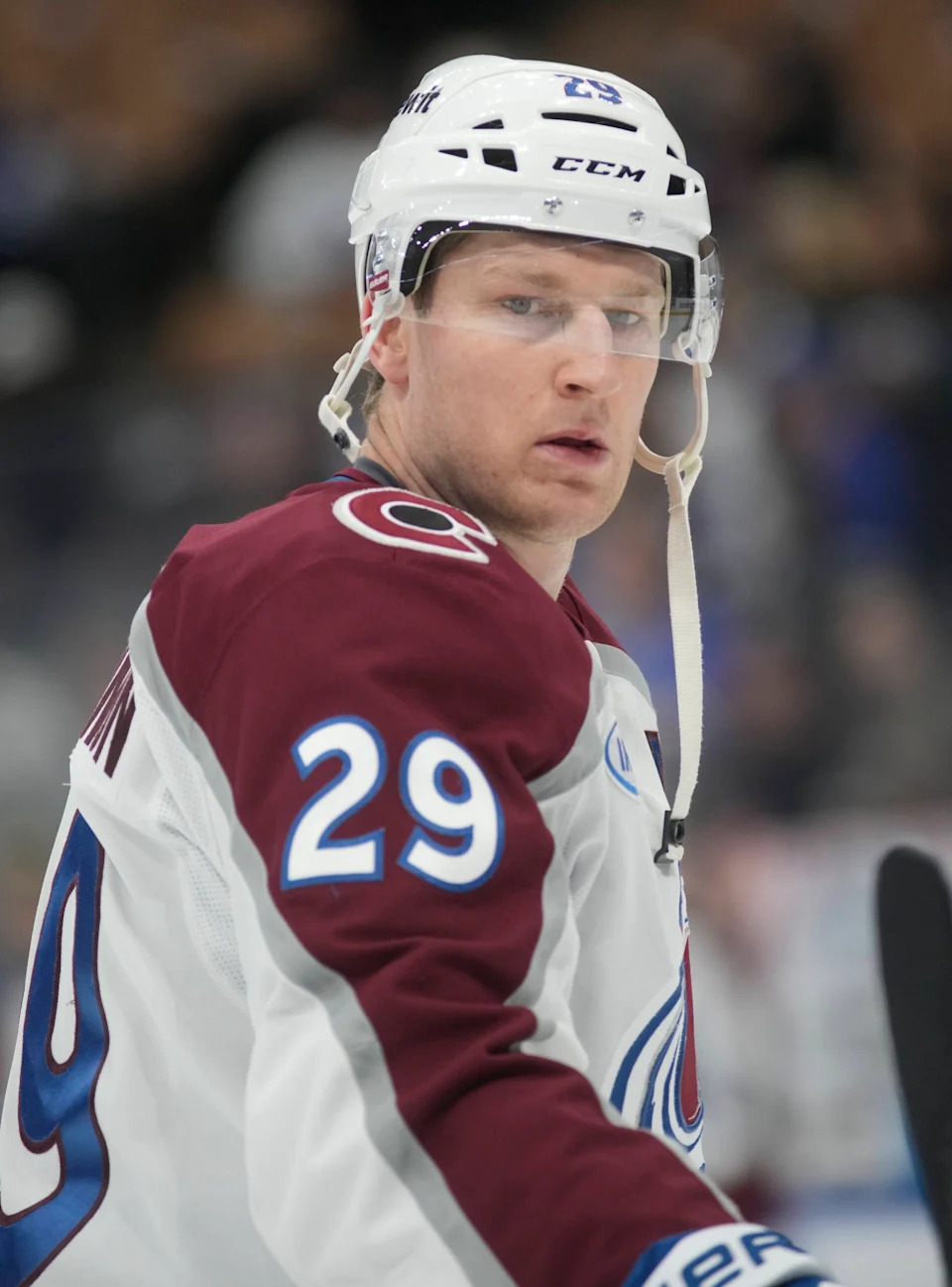 <p>Jan 25, 2026; Toronto, Ontario, CAN; Colorado Avalanche forward Nathan MacKinnon (29) during warm up before a gam eagainst the Toronto Maple Leafs at Scotiabank Arena. Mandatory Credit: John E. Sokolowski-Imagn Images</p>