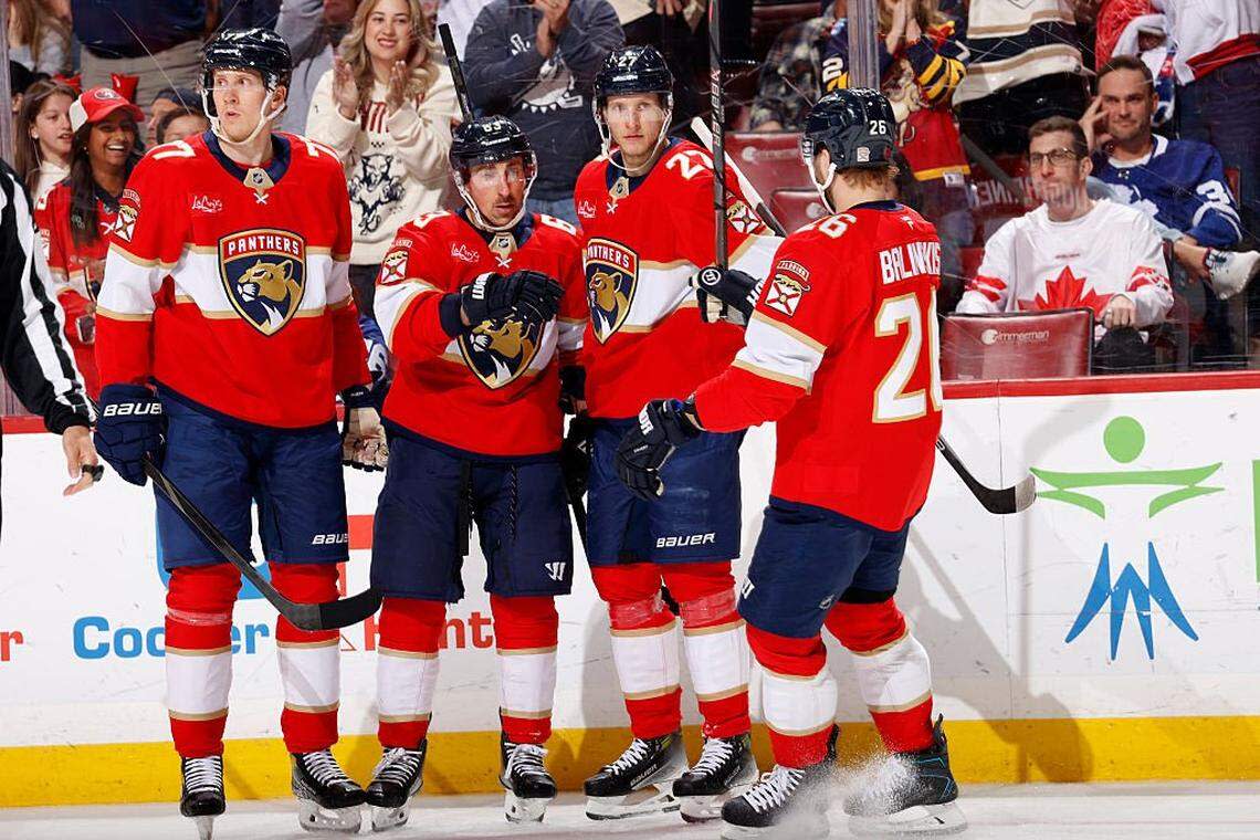 SUNRISE, FLORIDA - FEBRUARY 26: Brad Marchand #63 of the Florida Panthers celebrates his goal with teammates during the first period against the Toronto Maple Leafs at the Amerant Bank Arena on February 26, 2026 in Sunrise, Florida. (Photo by Eliot J. Schechter/NHLI via Getty Images)