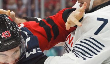 You do not see fighting in hockey at the Olympics because players get automatically ejected, but that didn't stop Canada's Tom Wilson from scrapping with France. More Olympics coverage in the link in our bio #olympics #fight #france #hockey #canada