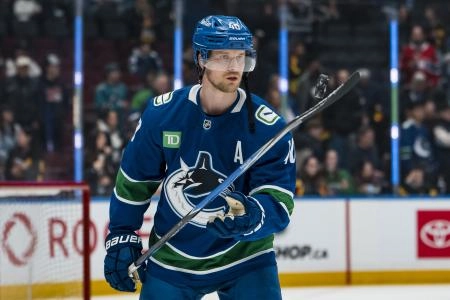 Jan 27, 2026; Vancouver, British Columbia, CAN; Vancouver Canucks forward Elias Pettersson (40) handles the puck in warm up prior to a game against the San Jose Sharks at Rogers Arena.