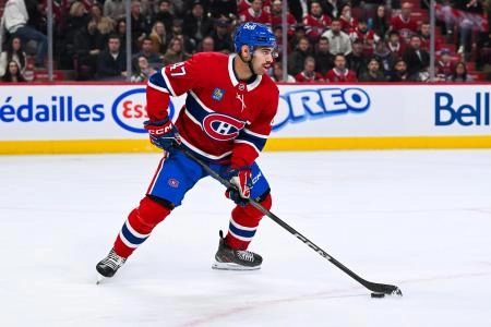 Nov 13, 2025; Montreal, Quebec, CAN; Montreal Canadiens defenseman Jayden Struble (47) plays the puck against the Dallas Stars during the first period at Bell Centre. Mandatory Credit: David Kirouac-Imagn Images