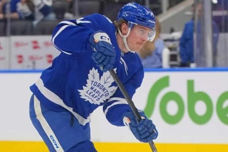 Jan 27, 2026; Toronto, Ontario, CAN; Toronto Maple Leafs forward Bobby McMann (74) goes to shoot the puck during warm up before a game against the Buffalo Sabres at Scotiabank Arena. Mandatory Credit: John E. Sokolowski-Imagn Images