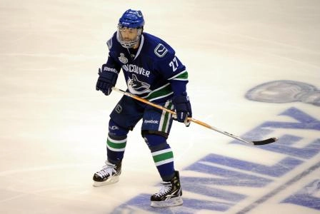 June 4, 2011; Vancouver, BC, CANADA; Vancouver Canucks center Manny Malhotra (27) during game two of the 2011 Stanley Cup Finals against the Boston Bruins at Rogers Arena. The Canucks won 3-2 in overtime.