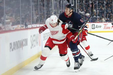 Apr 6, 2022; Winnipeg, Manitoba, CAN; Winnipeg Jets defenseman Logan Stanley (64) checks Detroit Red Wings forward Oskar Sundqvist (70) during the first period at Canada Life Centre.