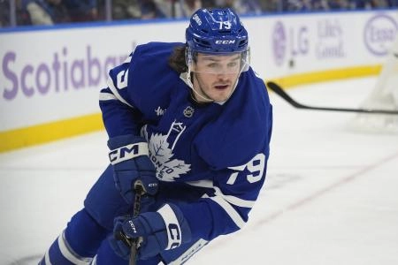 Nov 3, 2025; Toronto, Ontario, CAN; Toronto Maple Leafs forward Samuel Blais (79) skates against the Pittsburgh Penguins during the first period at Scotiabank Arena. Mandatory Credit: John E. Sokolowski-Imagn Images