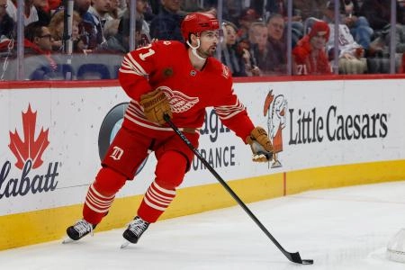 Jan 31, 2026; Detroit, Michigan, USA; Detroit Red Wings center Dylan Larkin (71) skates with the puck in the first period against the Colorado Avalanche at Little Caesars Arena. Mandatory Credit: Rick Osentoski-Imagn Images