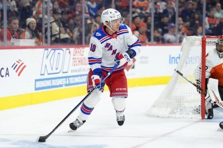 Jan 17, 2026; Philadelphia, Pennsylvania, USA; New York Rangers right wing Artemi Panarin (10) controls the puck against the Philadelphia Flyers in the first period at Xfinity Mobile Arena. Mandatory Credit: Kyle Ross-Imagn Images