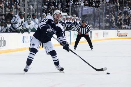 Jan 31, 2026; State College, PA, USA; Penn State Nittany Lions forward Gavin McKenna (72) looks to shoot the puck during the first period against the Michigan State Spartans at Beaver Stadium.