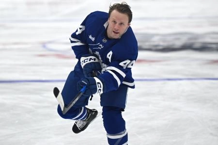 Jan 1, 2026; Toronto, Ontario, CAN; Toronto Maple Leafs defenseman Morgan Rielly (60) warms up before playing the Winnipeg Jets at Scotiabank Arena. Mandatory Credit: Dan Hamilton-Imagn Images