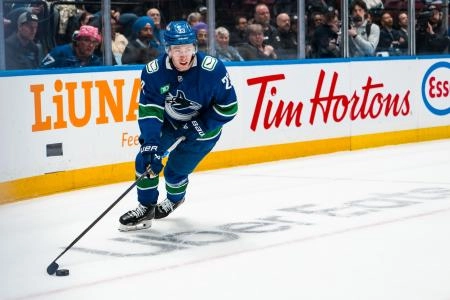Jan 27, 2026; Vancouver, British Columbia, CAN; Vancouver Canucks forward Jonathan Lekkerimaki (23) handles the puck against the San Jose Sharks in the second period at Rogers Arena.