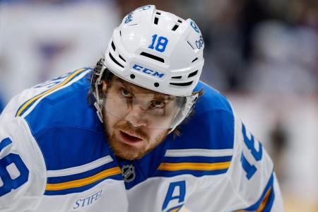 Dec 31, 2025; Denver, Colorado, USA; St. Louis Blues center Robert Thomas (18) in the third period against the Colorado Avalanche at Ball Arena