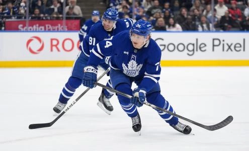 Jan 25, 2026; Toronto, Ontario, CAN; Toronto Maple Leafs forward John Tavares (91) and Toronto Maple Leafs forward Bobby McMann (74) pursue the puck against the Colorado Avalanche at Scotiabank Arena. Mandatory Credit: John E. Sokolowski-Imagn Images