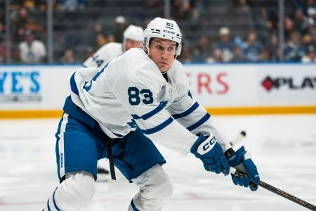 Jan 31, 2026; Vancouver, British Columbia, CAN; Toronto Maple Leafs defenseman Marshall Rifai (83) skates against the Vancouver Canucks in the second period at Rogers Arena. Mandatory Credit: Bob Frid-Imagn Images
