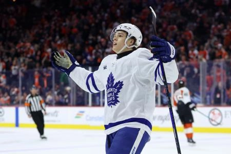 Jan 8, 2026; Philadelphia, Pennsylvania, USA; Toronto Maple Leafs right wing Easton Cowan (53) reacts after scoring the game winning goal against the Philadelphia Flyers during overtime at Xfinity Mobile Arena. Mandatory Credit: Bill Streicher-Imagn Images