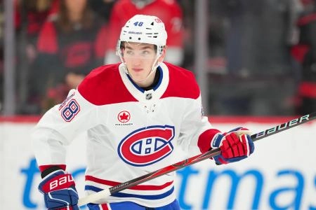 Jan 1, 2026; Raleigh, North Carolina, USA; Montréal Canadiens defenseman Lane Hutson (48) skates during the warmups before the game against the Carolina Hurricanes at Lenovo Center.