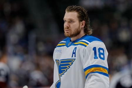 Dec 31, 2025; Denver, Colorado, USA; St. Louis Blues center Robert Thomas (18) before the game against the Colorado Avalanche at Ball Arena. Mandatory Credit: Isaiah J. Downing-Imagn Images