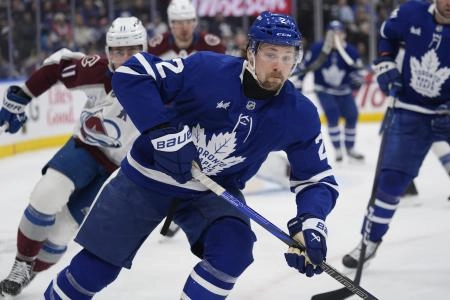 Jan 25, 2026; Toronto, Ontario, CAN; Toronto Maple Leafs defenseman Simon Benoit (2) skates against the Colorado Avalanche during the first period at Scotiabank Arena. Mandatory Credit: John E. Sokolowski-Imagn Images