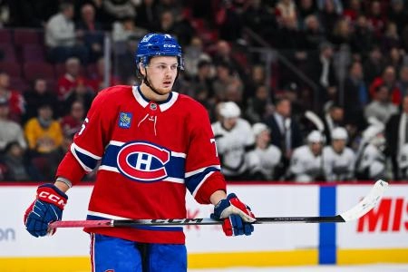 Nov 11, 2025; Montreal, Quebec, CAN; Montreal Canadiens right wing Zachary Bolduc (76) looks on against the Los Angeles Kings during the third period at Bell Centre.