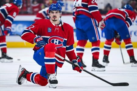 Jan 10, 2026; Montreal, Quebec, CAN; Montreal Canadiens defenseman Arber Xhekaj (72) stretches during warm-up before the game against the Detroit Red Wings at Bell Centre. Mandatory Credit: David Kirouac-Imagn Images