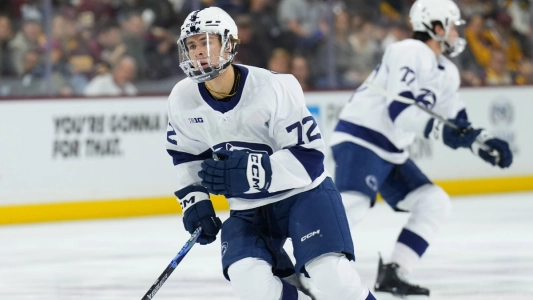 Oct 3, 2025; Tempe, AZ, USA; Penn State Nittany Lions forward Gavin McKenna (72) in action against the Arizona State Sun Devils at Mullett Arena.