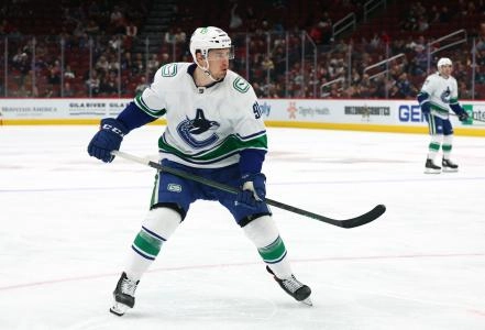 Apr 7, 2022; Glendale, Arizona, USA; Vancouver Canucks left wing Juho Lammikko (91) against the Arizona Coyotes at Gila River Arena.