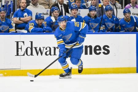 Jan 2, 2026; St. Louis, Missouri, USA; St. Louis Blues right wing Jordan Kyrou (25) controls the puck against the Vegas Golden Knights during the second period at Enterprise Center.
