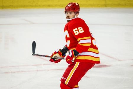 Feb 16, 2023; Calgary, Alberta, CAN; Calgary Flames defenseman MacKenzie Weegar (52) skates during the warmup period against the Detroit Red Wings at Scotiabank Saddledome.