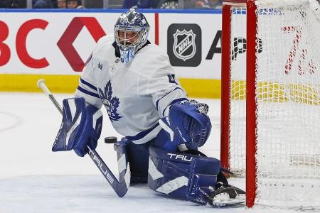 Feb 3, 2026; Edmonton, Alberta, CAN; Toronto Maple Leafs goaltender Anthony Stolarz (41) makes a save on a shot by Edmonton Oilers forward Leon Draisaitl (29) (not shown) during the third period at Rogers Place. Mandatory Credit: Perry Nelson-Imagn Images