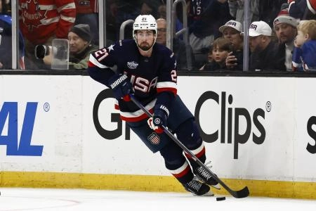 Feb 20, 2025; Boston, MA, USA; [Imagn Images direct customers only] United States forward Dylan Larkin (21) during the 4 Nations Face-Off ice hockey championship game against Canada at TD Garden. Mandatory Credit: Winslow Townson-Imagn Images