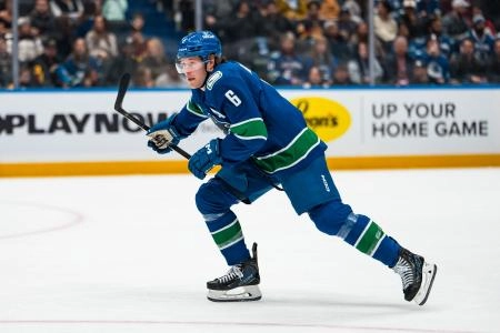 Jan 25, 2026; Vancouver, British Columbia, CAN; Vancouver Canucks forward Brock Boeser (6) skates against the Pittsburgh Penguins in the second period at Rogers Arena.