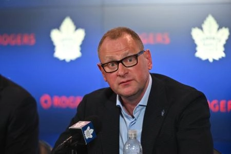 Jun 1, 2023; Toronto, Ontario, CANADA; Toronto Maple Leafs new general manager Brad Treliving is introduced at a press conference at Scotiabank Arena. Mandatory Credit: Dan Hamilton-Imagn Images