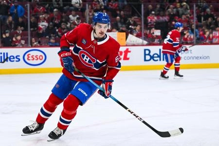 Dec 2, 2025; Montreal, Quebec, CAN; Montreal Canadiens left wing Florian Xhekaj (63) skates during warm-up before the game against the Ottawa Senators at Bell Centre.