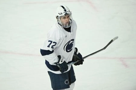 Oct 10, 2025; University Park, PA, USA; Penn State Nittany Lions forward Gavin McKenna (72) skates against the Clarkson Golden Knights during the second period at Pegula Ice Arena.