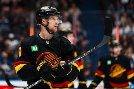 Jan 31, 2026; Vancouver, British Columbia, CAN; Vancouver Canucks forward Elias Pettersson (40) during a stop in play against the Toronto Maple Leafs in the third period at Rogers Arena.
