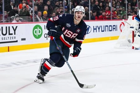 Feb 13, 2025; Montreal, Quebec, CAN; [Imagn Images direct customers only] Team USA forward Matthew Tkachuk (19) skates against Team Finland in the third period during a 4 Nations Face-Off ice hockey game at Bell Centre. Mandatory Credit: David Kirouac-Imagn Images