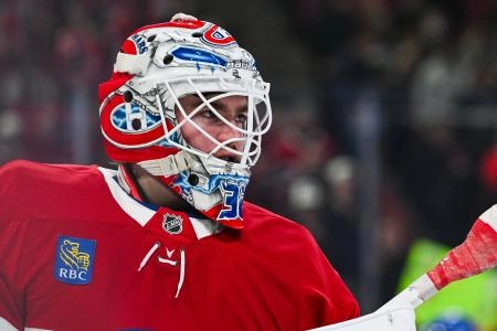 Jan 12, 2026; Montreal, Quebec, CAN; Montreal Canadiens goalie Jacob Fowler (32) looks on during warm-up before the game against the Vancouver Canucks at Bell Centre.
