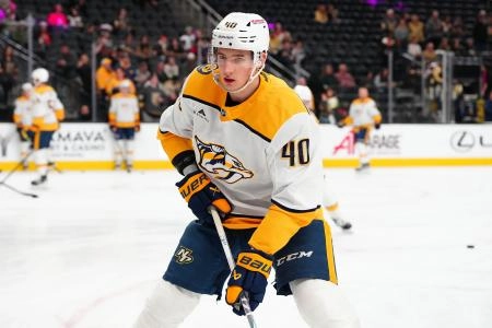 Jan 17, 2026; Las Vegas, Nevada, USA; Nashville Predators center Fedor Svechkov (40) warms up before a game against the Vegas Golden Knights at T-Mobile Arena.