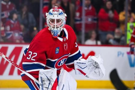 Jan 12, 2026; Montreal, Quebec, CAN; Montreal Canadiens goalie Jacob Fowler (32) looks on during warm-up before the game against the Vancouver Canucks at Bell Centre.