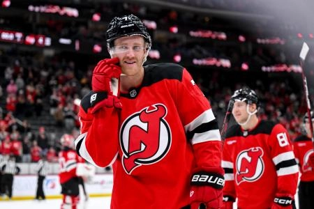 Oct 22, 2025; Newark, New Jersey, USA; New Jersey Devils defenseman Dougie Hamilton (7) reacts after winning against the Minnesota Wild at Prudential Center