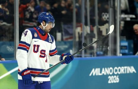 Feb 12, 2026; Milan, Italy; Auston Matthews of United States during the warm up before the match against Latvia in men's ice hockey group C play during the Milano Cortina 2026 Olympic Winter Games at Milano Santagiulia Ice Hockey Arena. Mandatory Credit: Geoff Burke-Imagn Images