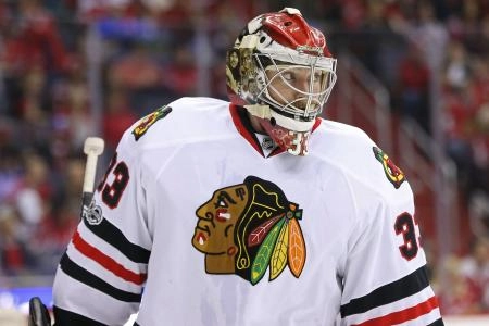 Jan 13, 2017; Washington, DC, USA; Chicago Blackhawks goalie Scott Darling (33) stands on the ice after replacing Blackhawks goalie Corey Crawford (not p[ictured) against the Washington Capitals in the third period at Verizon Center. The Capitals won 6-0.