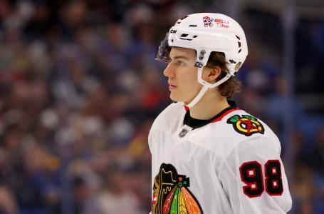 Dec 27, 2024; Buffalo, New York, USA; Chicago Blackhawks center Connor Bedard (98) during a stoppage in play against the Buffalo Sabres at KeyBank Center.