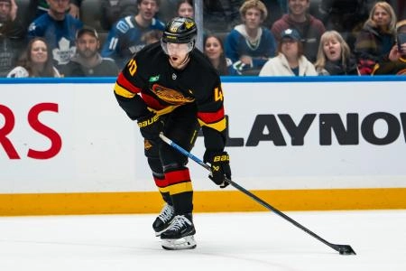 Jan 31, 2026; Vancouver, British Columbia, CAN; Vancouver Canucks forward Elias Pettersson (40) shoots against the Toronto Maple Leafs in overtime at Rogers Arena.