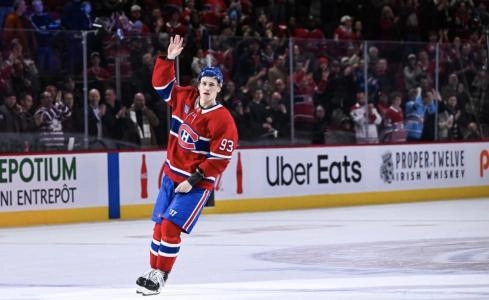 Jan 12, 2026; Montreal, Quebec, CAN; Third star of the game, Montreal Canadiens right wing Ivan Demidov (93), salutes the crowd after the end of the game against the Vancouver Canucks during the third period at Bell Centre. Mandatory Credit: David Kirouac-Imagn Images