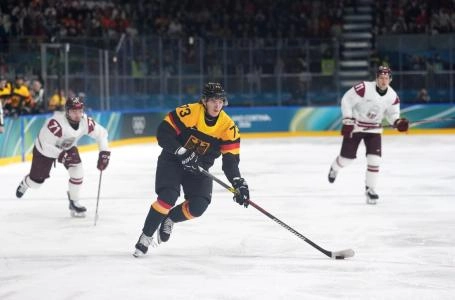 Feb 14, 2026; Milan, Italy; Lukas Reichel of Germany in action during a Group C men's ice hockey game during the Milano Cortina 2026 Olympic Winter Games at Milano Rho Ice Hockey Arena.