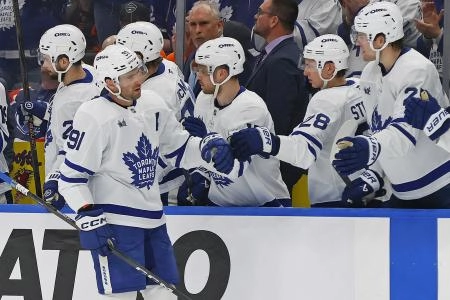Feb 3, 2026; Edmonton, Alberta, CAN; The Toronto Maple Leafs celebrate a goal scored by forward John Tavares (91) during the third period against the Edmonton Oilers at Rogers Place. Mandatory Credit: Perry Nelson-Imagn Images