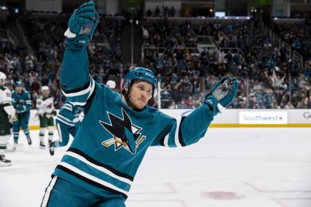 Dec 31, 2025; San Jose, California, USA; San Jose Sharks left wing Jeff Skinner (53) reacts after scoring against the Minnesota Wild during the second period at SAP Center at San Jose.